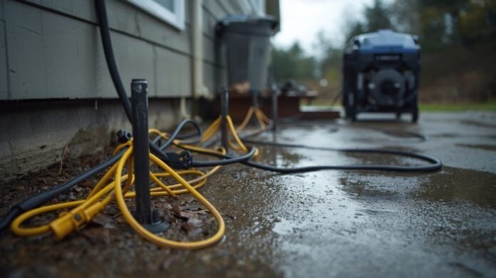 Outdoor-rated extension cords connected to a portable generator kept elevated and dry after rainfall