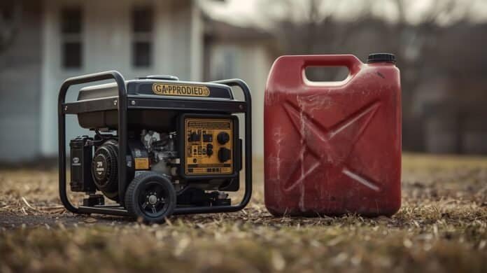Portable gasoline generator with fuel can nearby during outdoor use