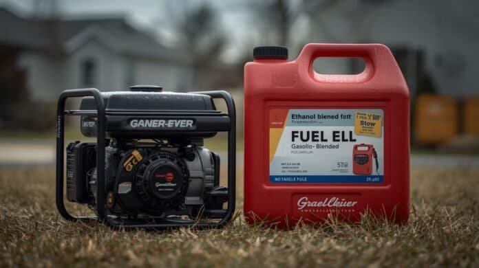 Portable generator with fuel container labeled ethanol blend in outdoor residential setting