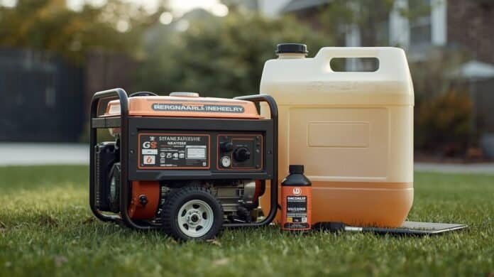 Portable generator with fuel stabilizer bottle and fuel container outdoors