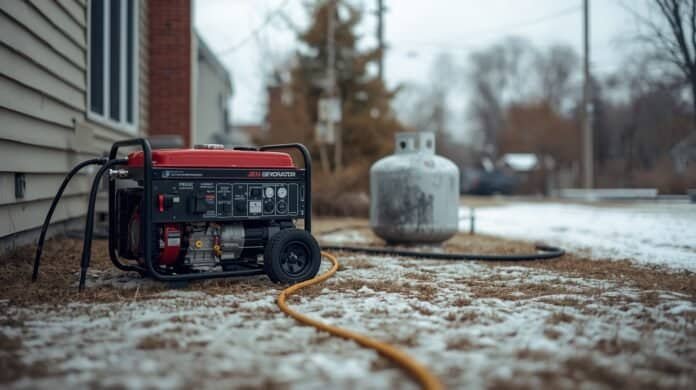 Portable propane generator operating outdoors during cold winter conditions