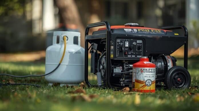 Dual-fuel portable generator with propane tank and gasoline fuel can nearby outdoors