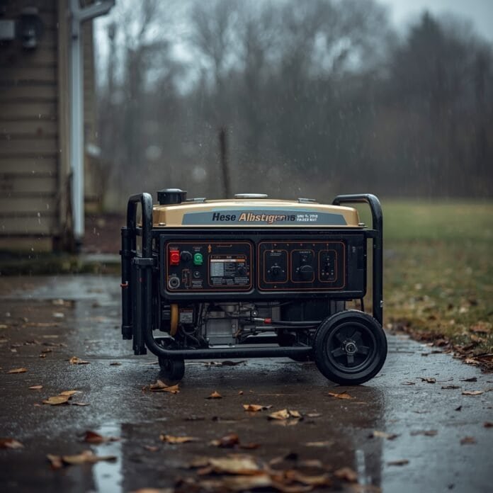 Portable generator running outdoors in cold rainy weather with extension cords unplugged