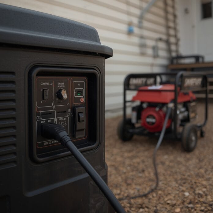Portable generator control panel showing breaker switch in on position with no cords connected