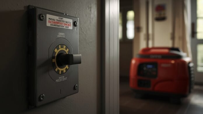 Manual transfer switch showing engaged lever but no powered circuits