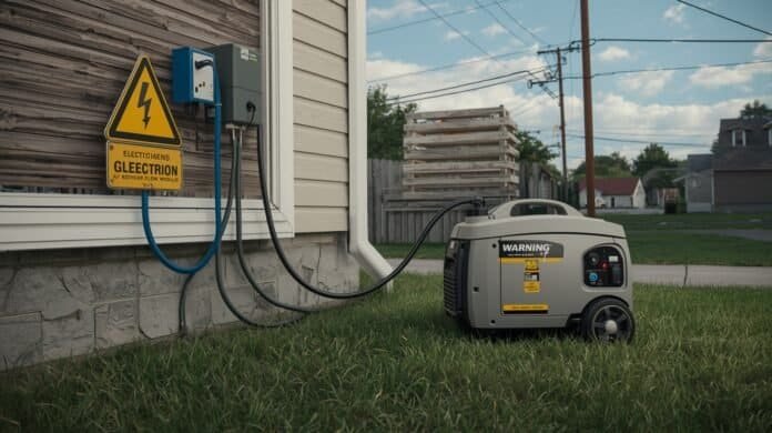 Generator connected unsafely to home electrical system showing backfeeding riskGenerator connected unsafely to home electrical system showing backfeeding risk