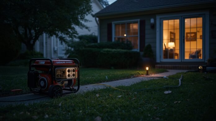 Portable generator powering lights indoors while large appliances remain off during a power outage