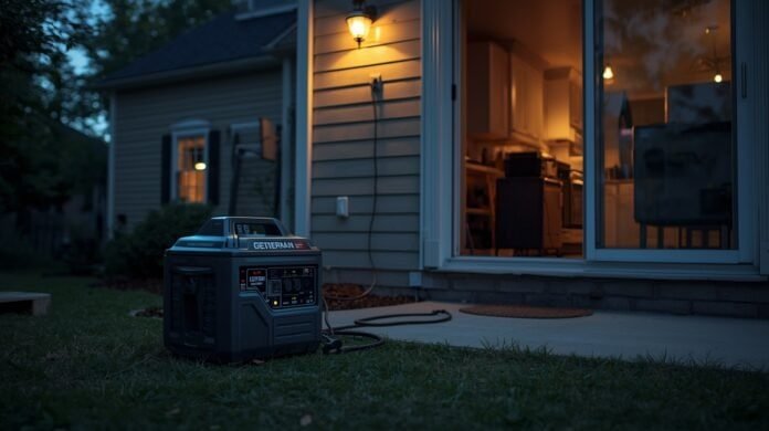 Portable generator running outdoors then shutting down as appliances inside the home turn on during a power outage