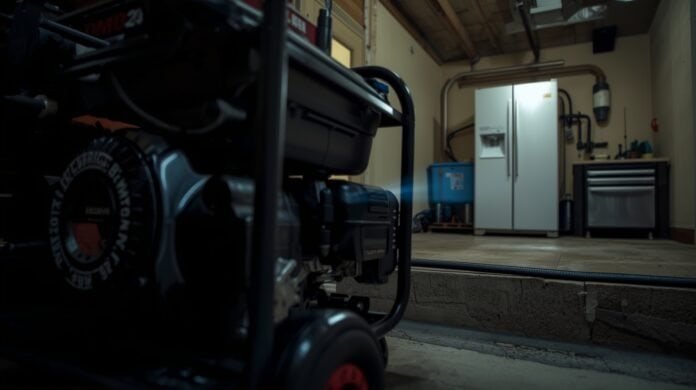 Portable generator operating under heavy load with visible vibration and connected appliances during a power outage
