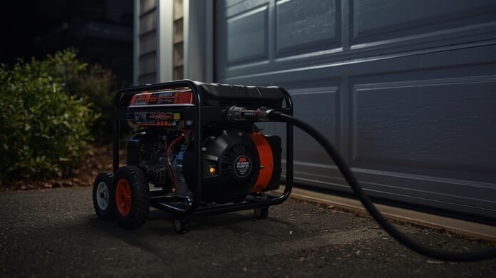 Portable generator operating at night with monitoring equipment nearby