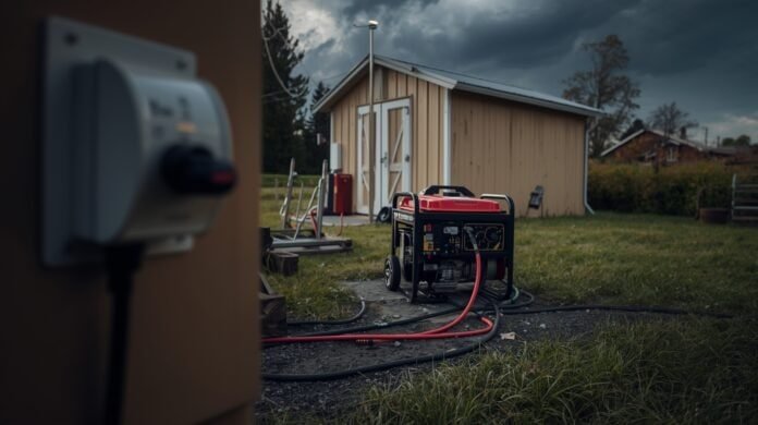 Portable generator with reset breaker outdoors supplying household appliances