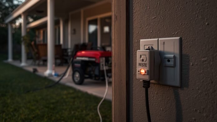 Portable generator powering an outdoor GFCI outlet with reset button popped