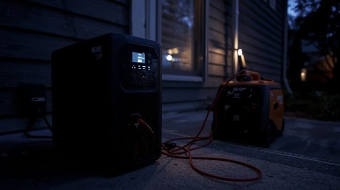 UPS battery backup unit connected to a generator during a home power outage