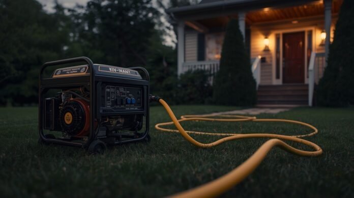Portable generator connected to heavy-duty extension cords during a home power outage