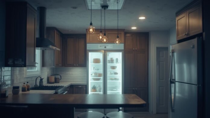 Interior home lights dimming slightly as a large appliance starts under normal utility power