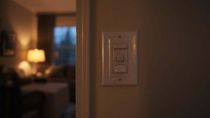 Wall light switch in a living room with the lights on, suggesting a warmth concern without showing damage