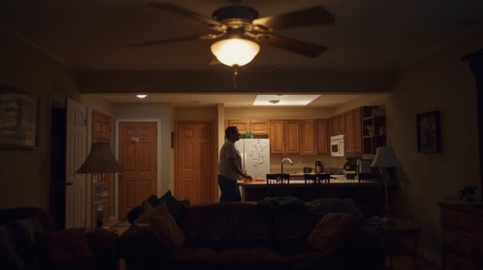 Living room lights dimming slightly as a refrigerator starts after a power outage.