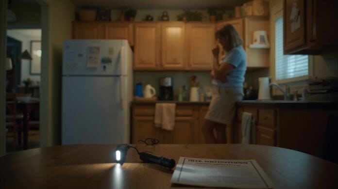 Kitchen area after a power outage with a refrigerator and microwave, suggesting appliances struggling to start