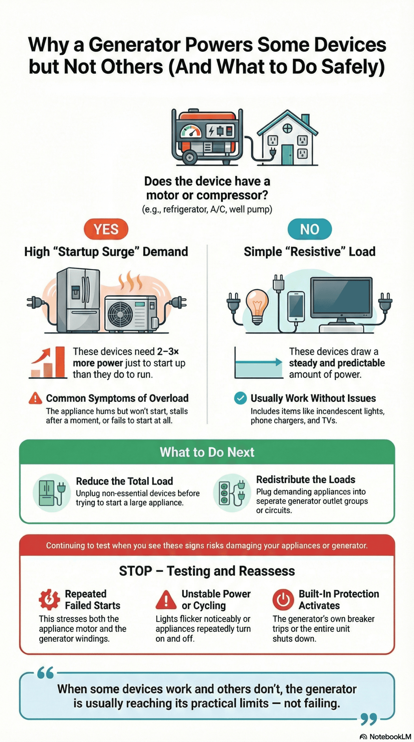 Generator powers some devices but not others — safe explanation of startup surge, overload signs, and what to do next.