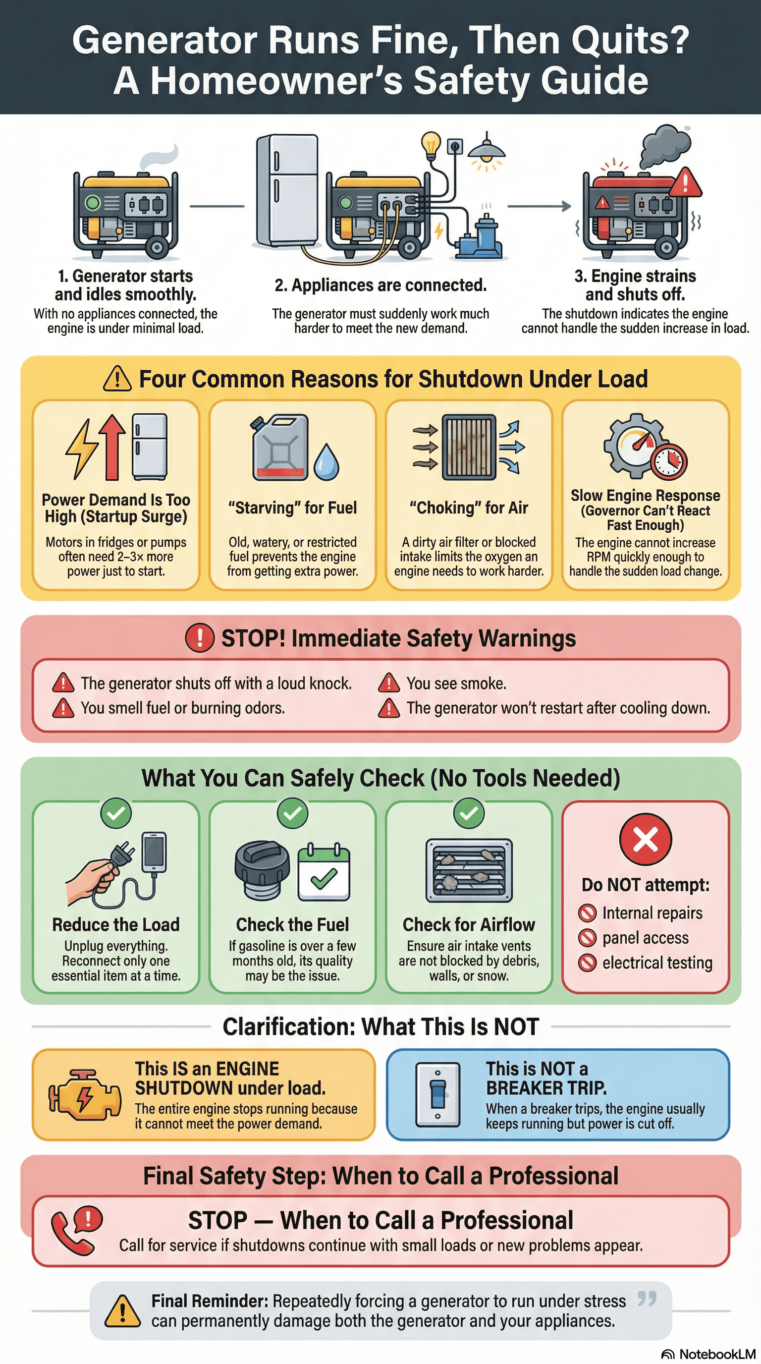 Visual guide showing why a generator runs fine at idle but quits under load, including startup surge, fuel and airflow issues, slow governor response, and STOP safety warnings.