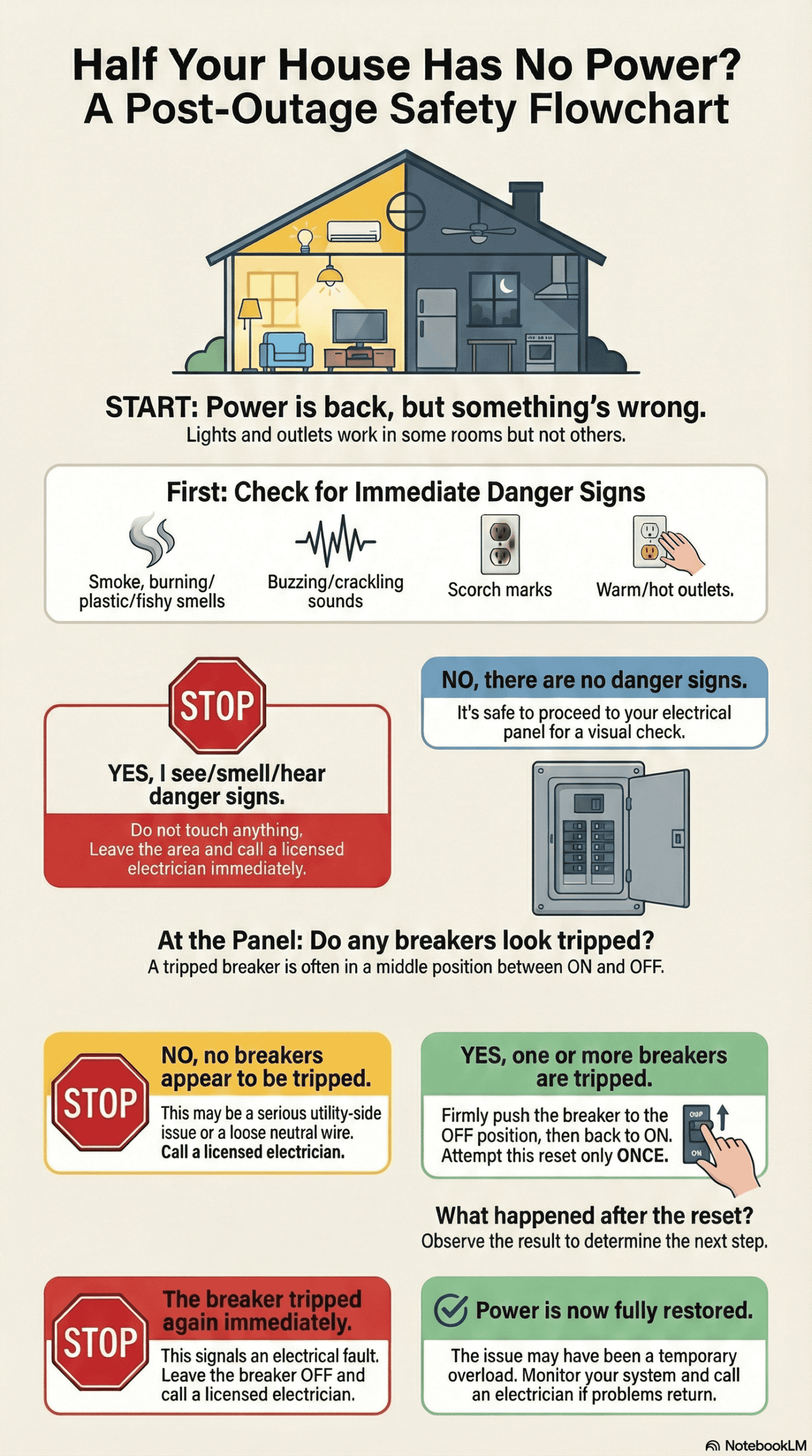 Visual safety flowchart showing what to do when half a house has power after a power outage, including breaker checks and when to call an electrician.