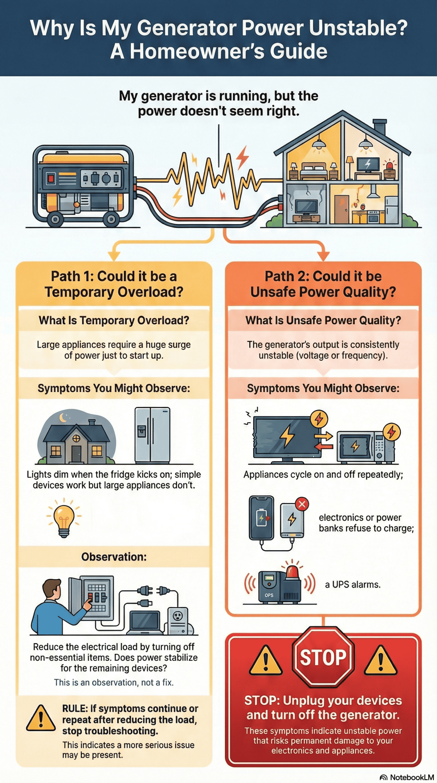 Generator power unstable after an outage showing a safety flowchart that helps homeowners distinguish between temporary overload and unsafe power quality conditions