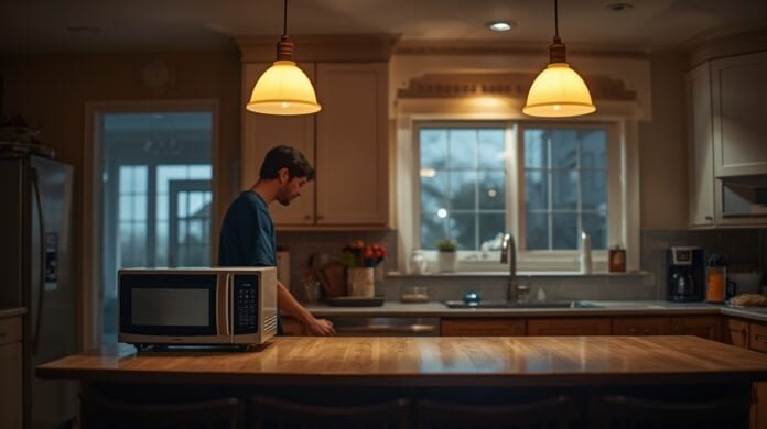 Kitchen pendant lights slightly dim as a microwave runs in a typical home kitchen