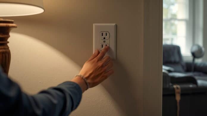 Homeowner checking a warm wall outlet plate in a living room during normal use