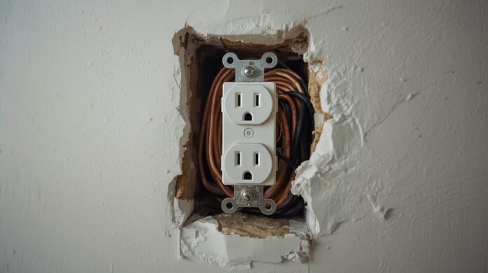 Close-up of a residential electrical outlet and wiring showing subtle heat stress without visible damage