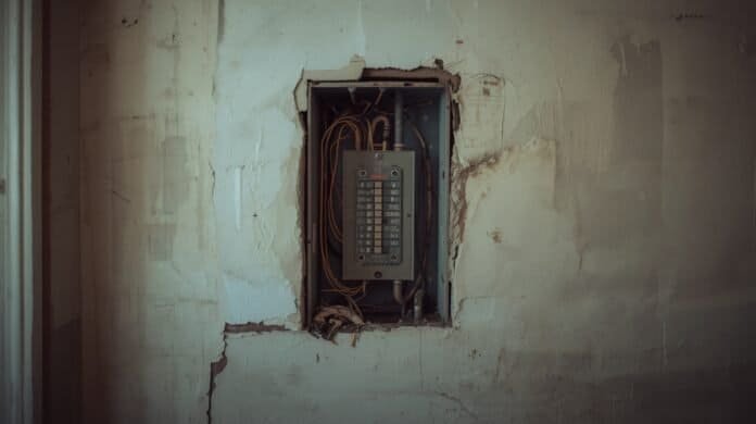 Residential wall outlet and electrical wiring showing subtle heat stress over time