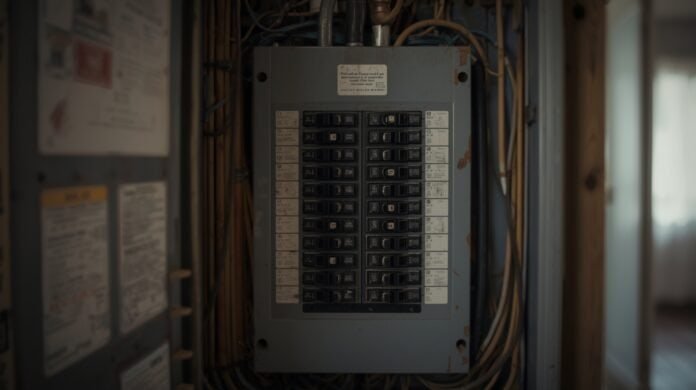 Older residential electrical panel supplying multiple household circuits