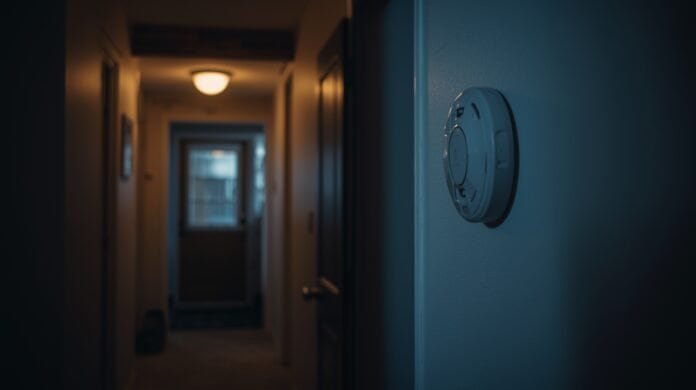 Carbon monoxide detector mounted in a home hallway during a power outage