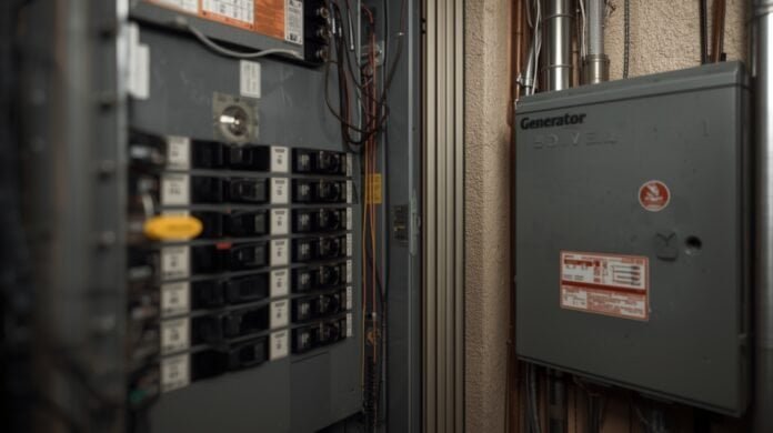 Residential electrical panel with labeled circuits during backup power planning.