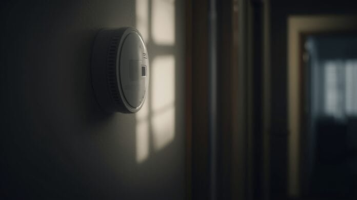 Carbon monoxide detector mounted in a hallway during a home power outage