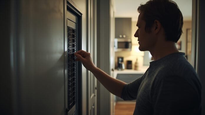 A homeowner checks a home’s breaker panel while several household appliances run in the background.