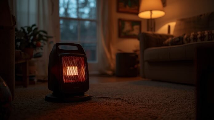 Portable indoor heater operating in a living room during a power outage