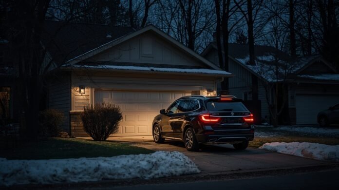Car idling near a home garage during a power outage
