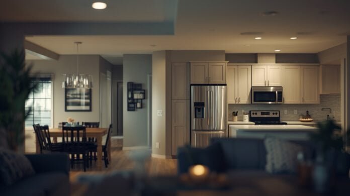 Living room lights slightly dim as a microwave runs in the background of a modern home.