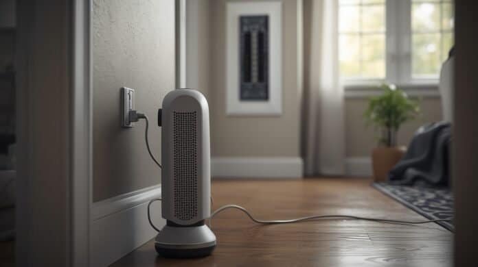 Portable space heater plugged into a wall outlet in a living room with a breaker panel door visible in the background.