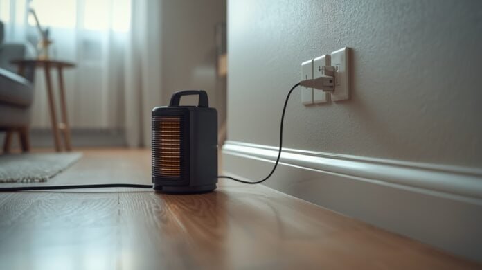 A portable space heater plugged into an extension cord on a living room floor, showing a risky setup.