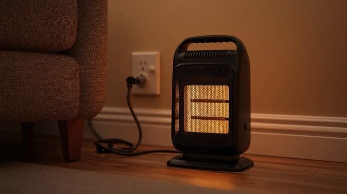 Space heater plugged into a power strip showing overheating risk warning