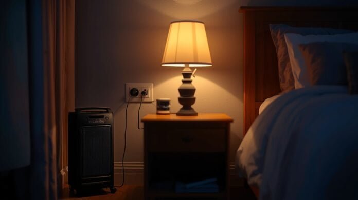 Portable space heater operating in a bedroom near a bed and nightstand during winter with multiple household devices plugged into the same wall outlet.