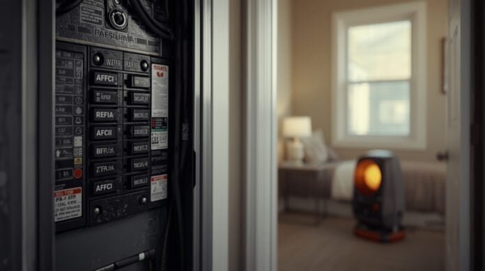 Home electrical panel with an AFCI breaker in focus and a portable space heater operating in a nearby room.