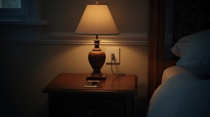 Older home interior with a portable space heater running near an older wall outlet, illustrating winter electrical load stress.