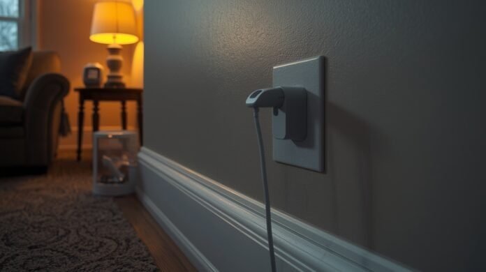 Cozy winter living room with multiple everyday devices plugged into a wall outlet, illustrating seasonal electrical load stacking risk.