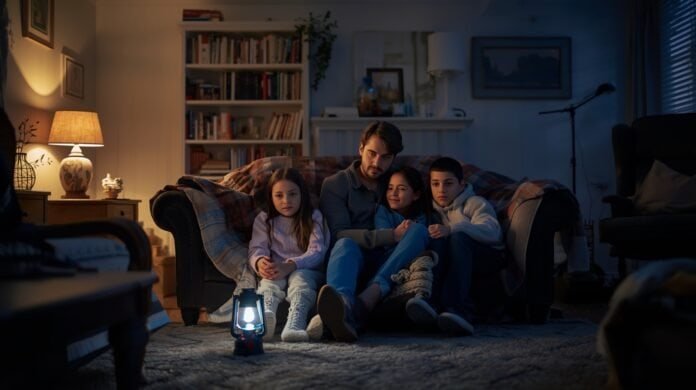 Family gathered in a softly lit living room during a winter power outage using flashlights and blankets safely.