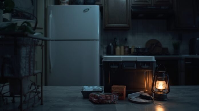 A closed refrigerator in a dim kitchen with a cooler and ice packs nearby, showing food safety planning during a power outage.