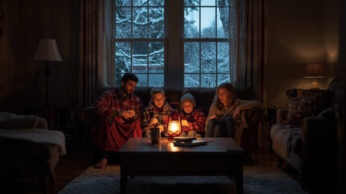 Family gathered in a dim living room during a winter power outage using blankets and battery lanterns safely.