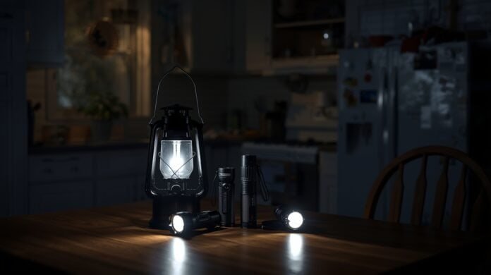 Battery-powered lantern and flashlights on a kitchen table during a nighttime power outage.