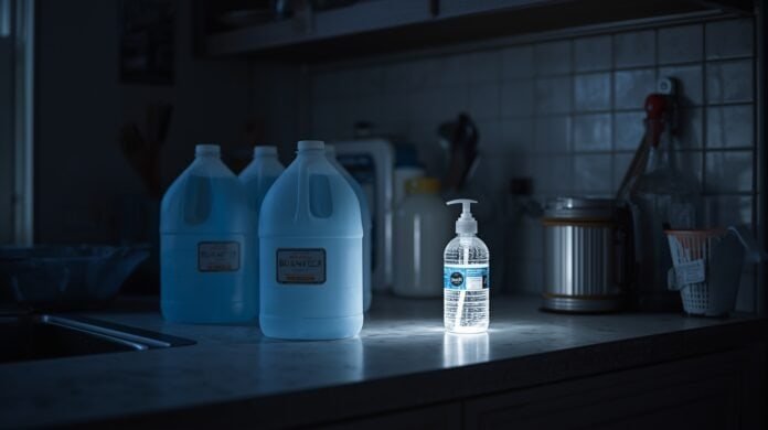 Jugs of stored water and a hand sanitizer bottle on a kitchen counter during a power outage.